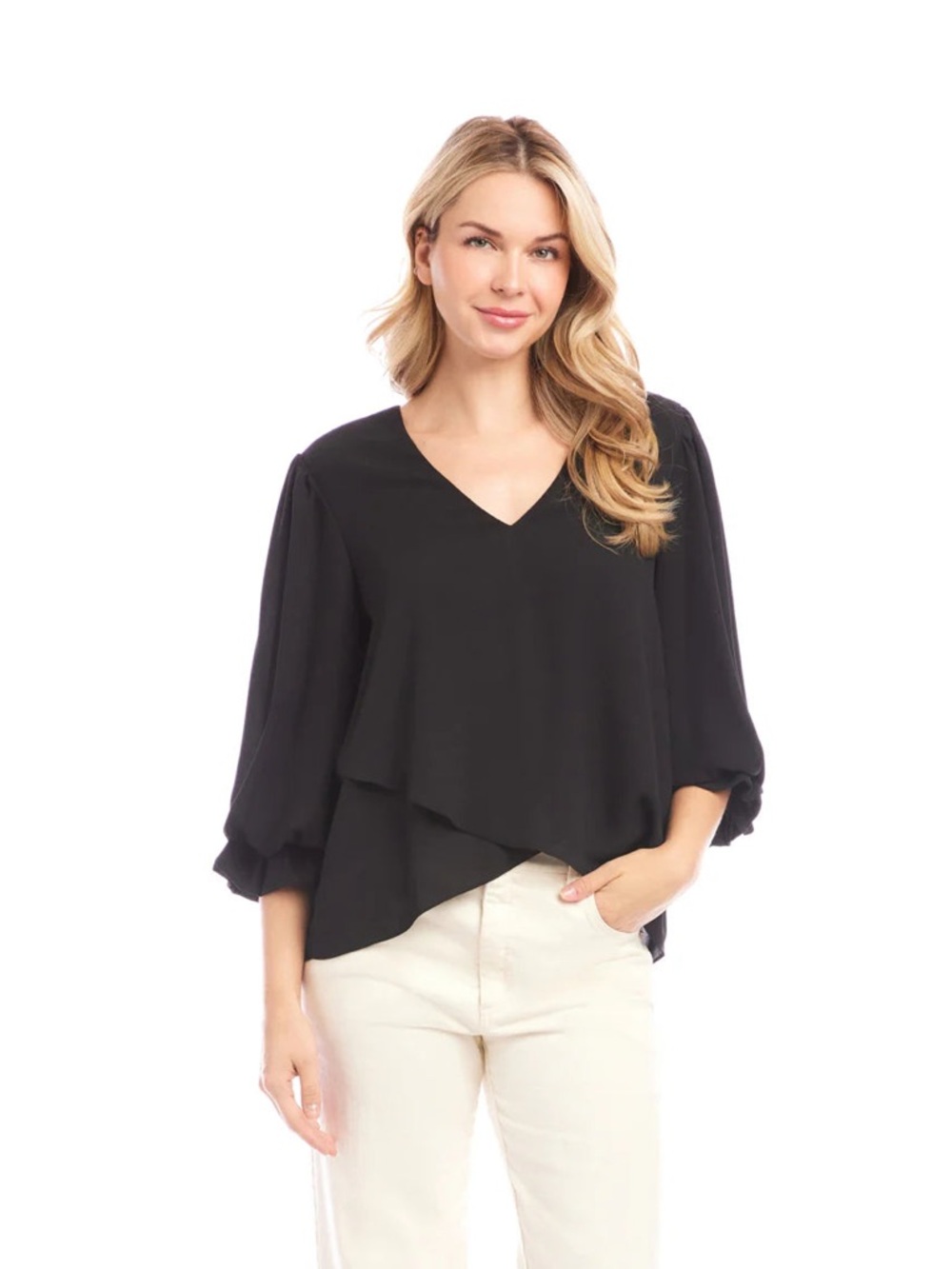 ALYX Black V-Neck Blouse with Flirty Draped Hem & Beautiful Bell Sleeves